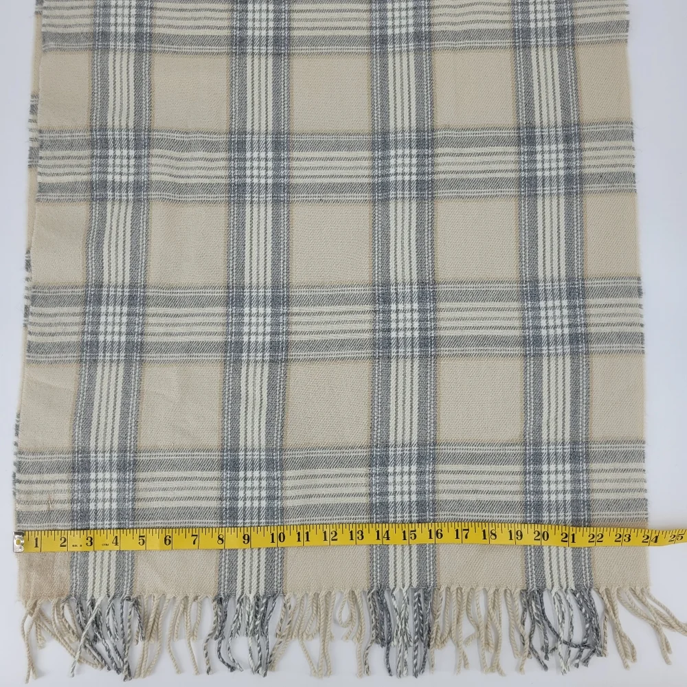 J.Crew Scarf Plaid Neutral Gray Tan Cream Fringe 24x78 Blanket Cottage Cabin